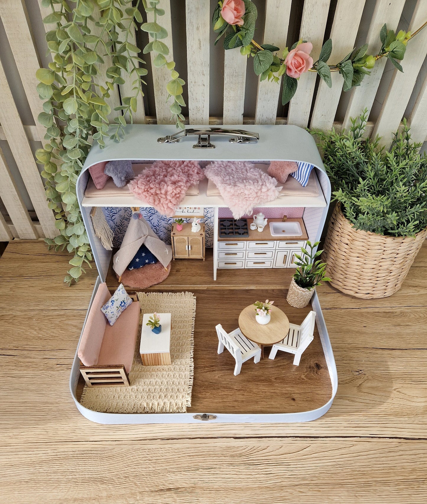 Large Dollhouse in a Suitcase, Cotton Candy Cottage, Miniature furniture in 1:12 scale, Maileg mouse house