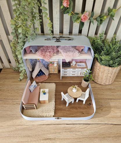 Large Dollhouse in a Suitcase, Cotton Candy Cottage, Miniature furniture in 1:12 scale, Maileg mouse house