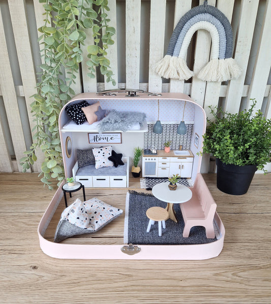 Medium Dollhouse in a Suitcase, Blush Blueberry, Miniature furniture in 1:12 scale, Maileg mouse house