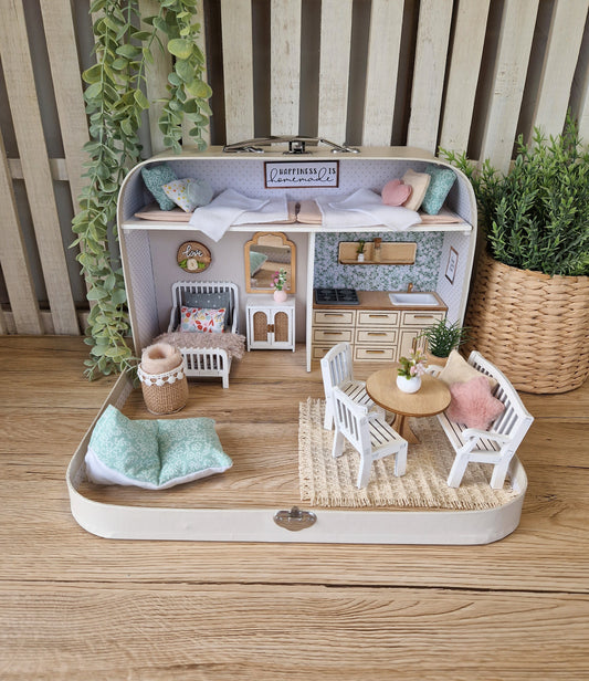 Large Dollhouse in a Suitcase, Pastel Playhouse, Miniature furniture in 1:12 scale, Maileg mouse house