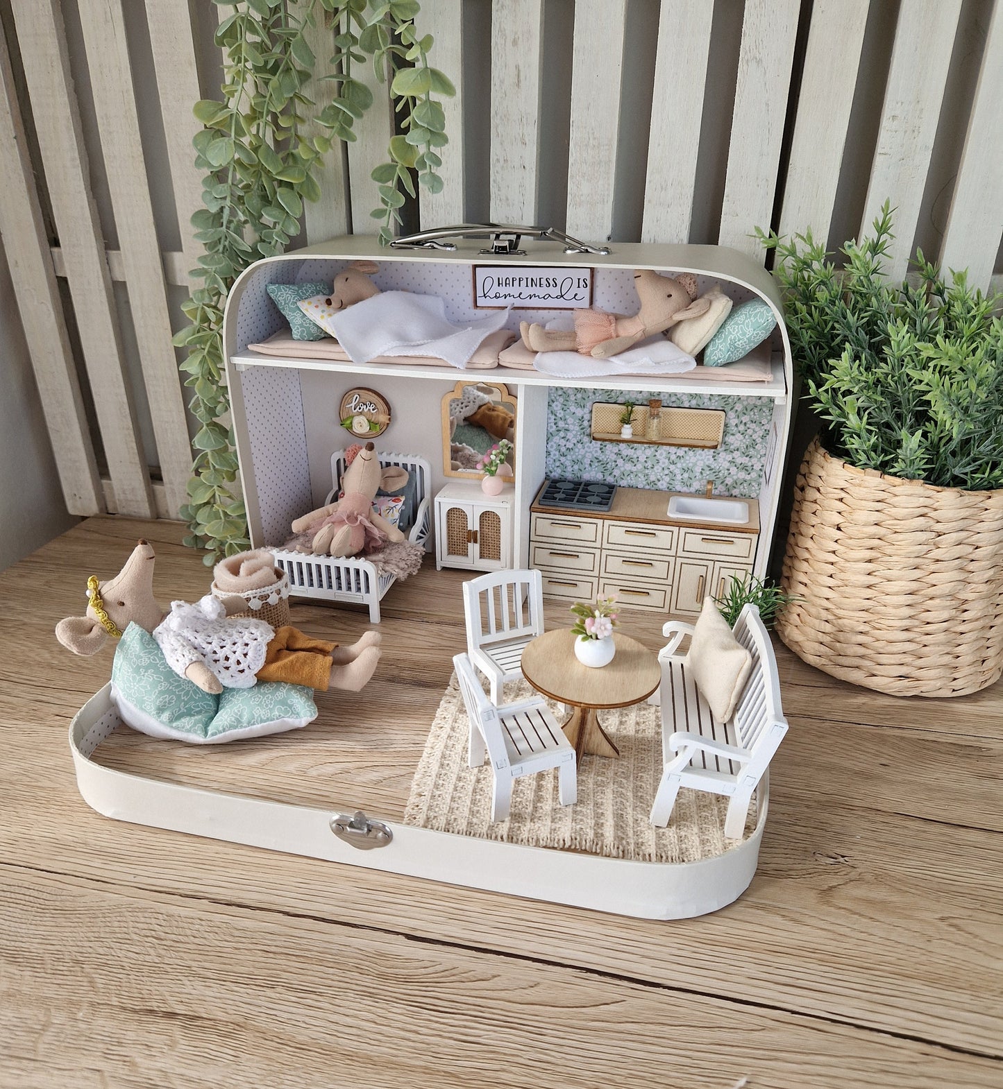 Large Dollhouse in a Suitcase, Pastel Playhouse, Miniature furniture in 1:12 scale, Maileg mouse house