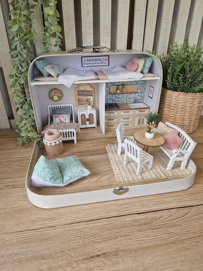 Large Dollhouse in a Suitcase, Pastel Playhouse, Miniature furniture in 1:12 scale, Maileg mouse house