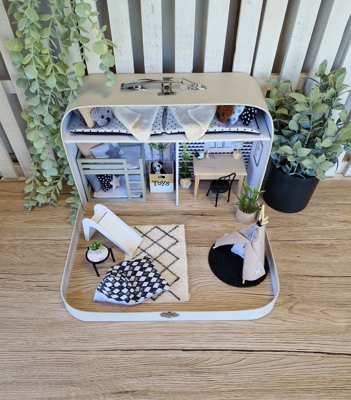 Large Dollhouse in a Suitcase, Shades of Fun, Miniature furniture in 1:12 scale, Maileg mouse house