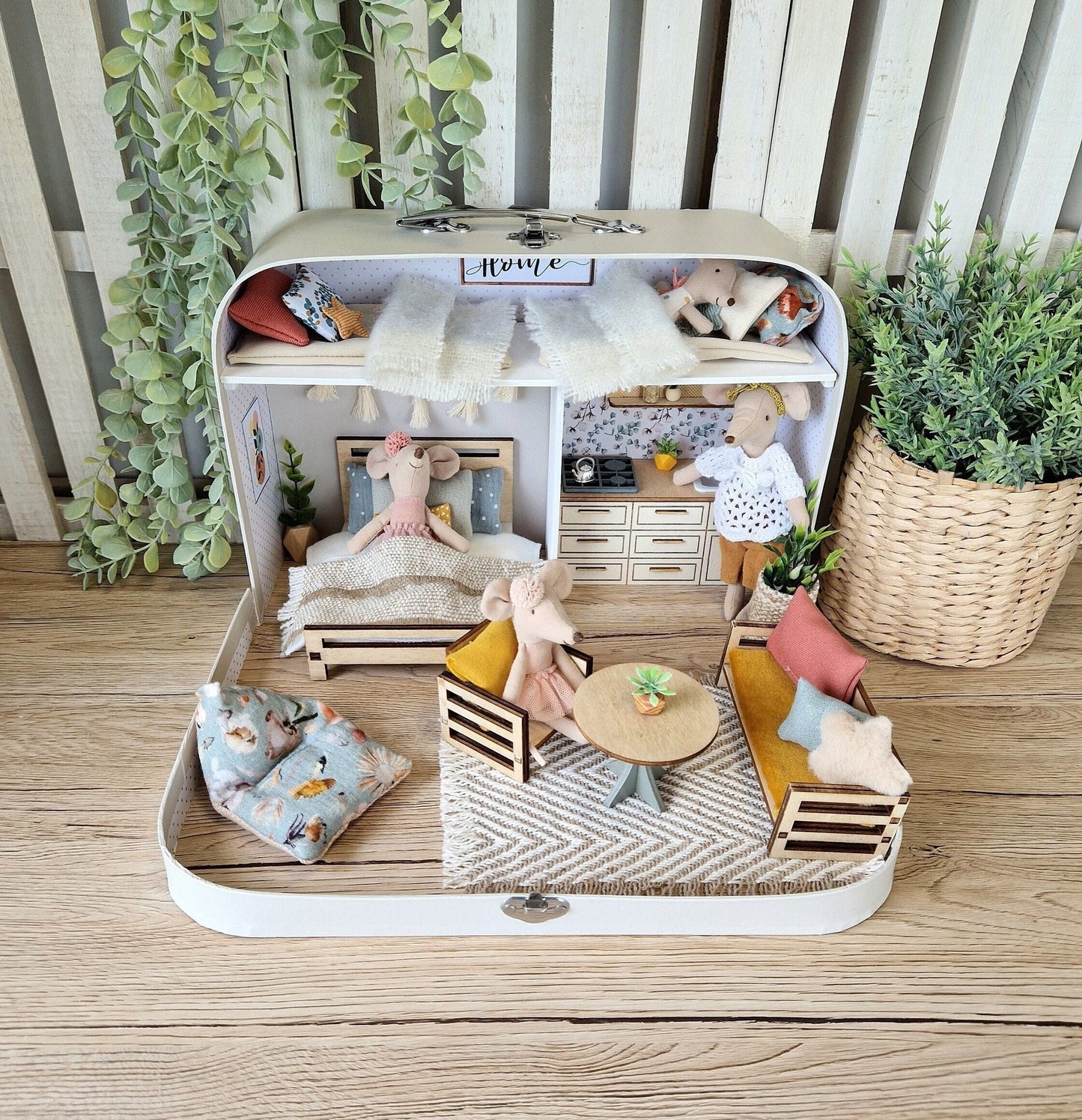 Large Dollhouse in a Suitcase, Bluebird Cottage, Miniature furniture in 1:12 scale, Maileg mouse house