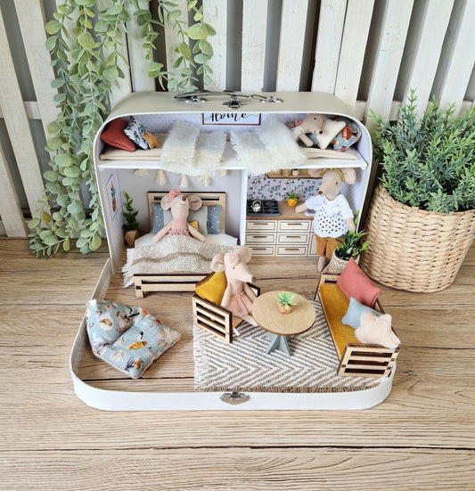 Large Dollhouse in a Suitcase, Bluebird Cottage, Miniature furniture in 1:12 scale, Maileg mouse house