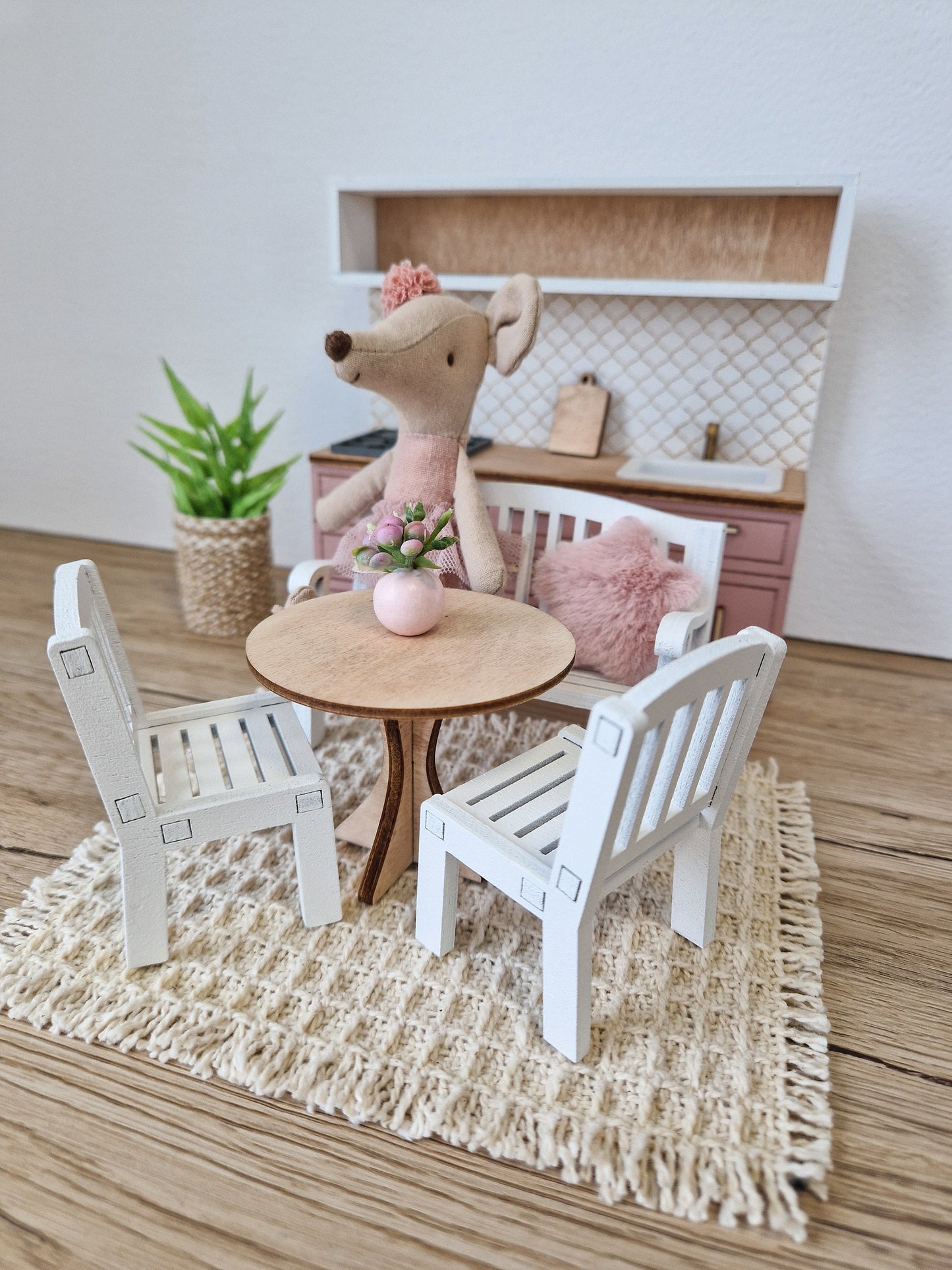 Miniature dining set 1:12 scale, Ivory Blossom, modern miniature dollhouse furniture ( perfect for Ikea Dollhouse)