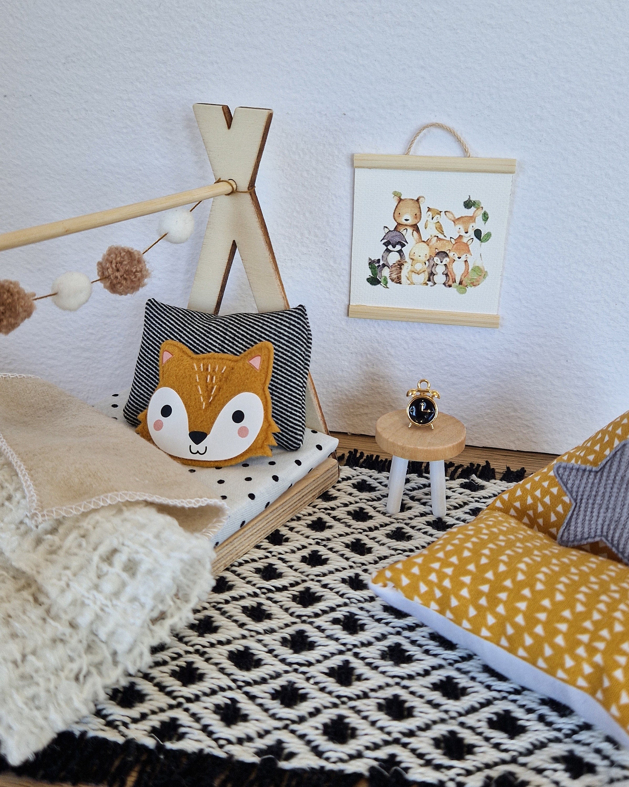 Dolhouse kids room set 1:12 scale, Cozy Fox, miniature furniture bundle, maileg mice (perfect for Ikea dollhouse)