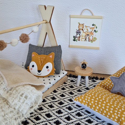 Dolhouse kids room set 1:12 scale, Cozy Fox, miniature furniture bundle, maileg mice (perfect for Ikea dollhouse)
