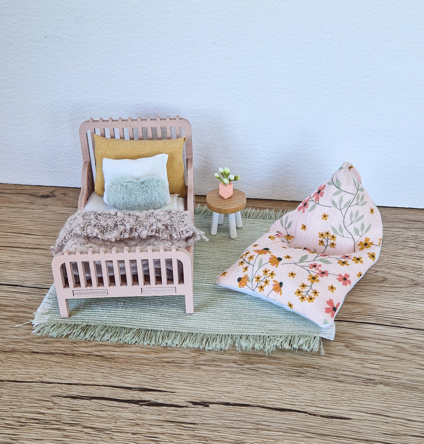 Dolhouse miniature kids room 1:12 scale furniture, Cozy Blush, miniature bed, bean bag (perfect for Maileg mouse)