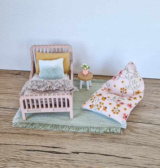 Dolhouse miniature kids room 1:12 scale furniture, Cozy Blush, miniature bed, bean bag (perfect for Maileg mouse)