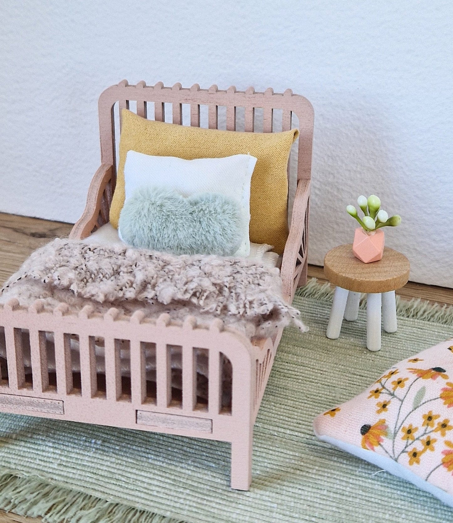 Dolhouse miniature kids room 1:12 scale furniture, Cozy Blush, miniature bed, bean bag (perfect for Maileg mouse)