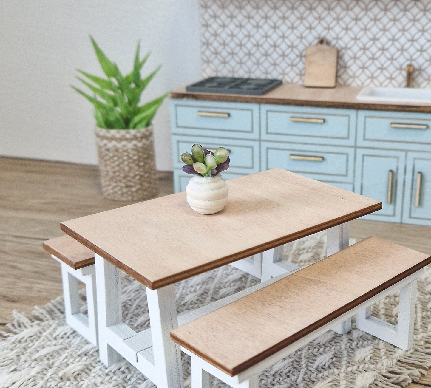Miniature dining set 1:12 scale, White and Wood, modern miniature dollhouse furniture ( perfect for Ikea Dollhouse)