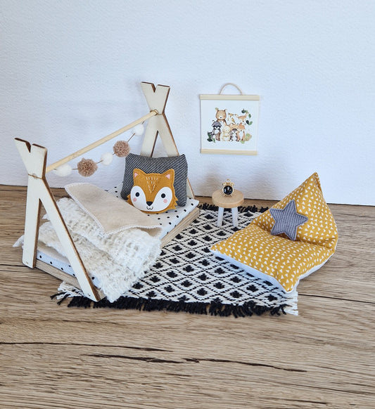 Dolhouse kids room set 1:12 scale, Cozy Fox, miniature furniture bundle, maileg mice (perfect for Ikea dollhouse)