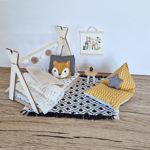 Dolhouse kids room set 1:12 scale, Cozy Fox, miniature furniture bundle, maileg mice (perfect for Ikea dollhouse)