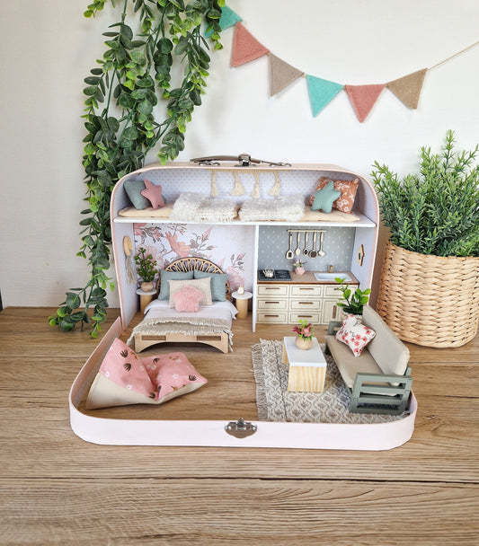 Large Dollhouse in a Suitcase, Cozy Pastel Retreat, Miniature furniture in 1:12 scale, Maileg mouse house