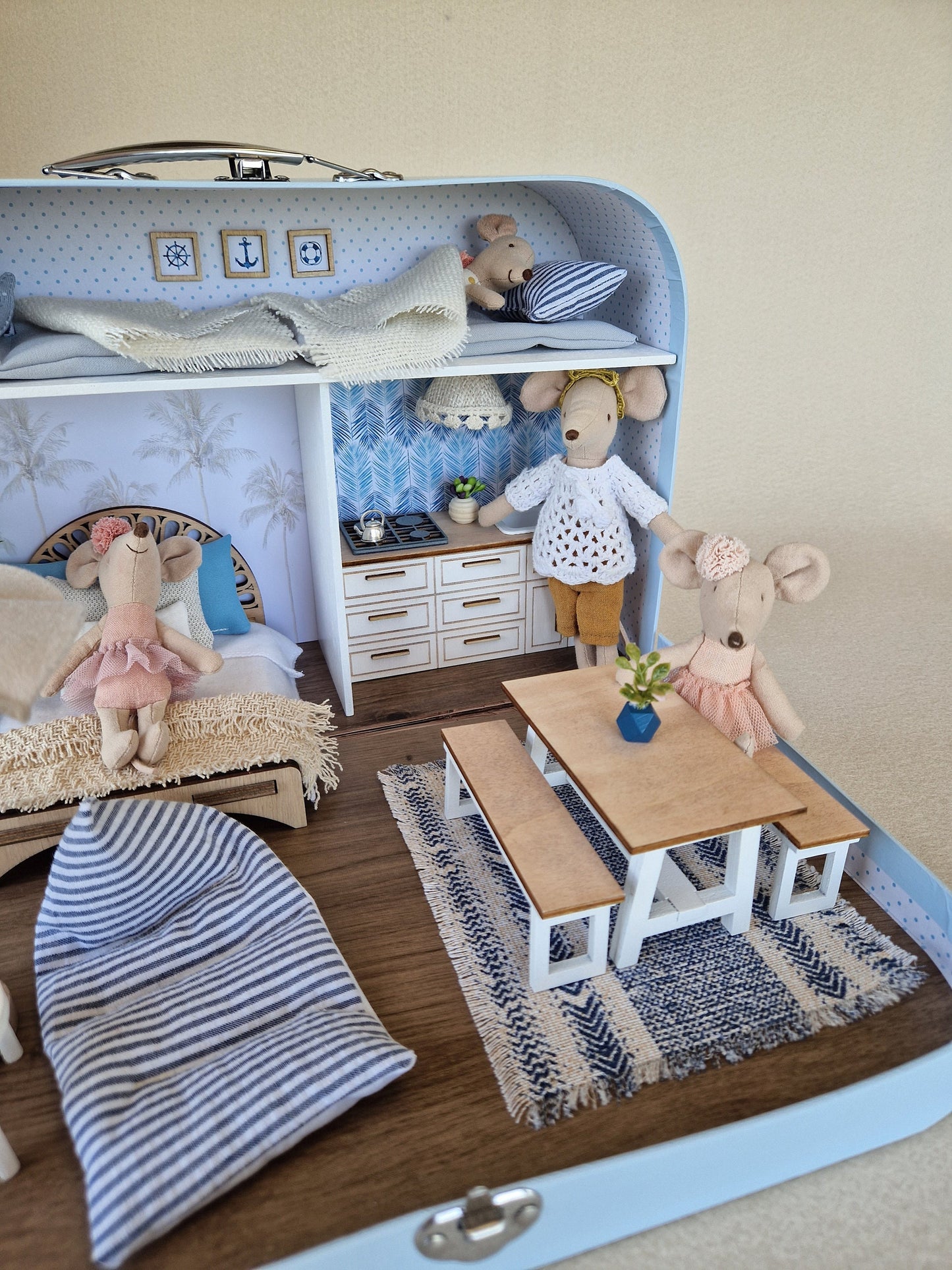 Coastal Large Dollhouse in a Suitcase, Miniature furniture in 1:12 scale, Maileg mouse house