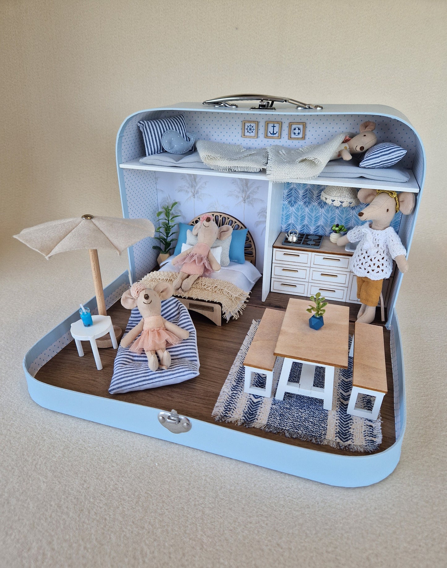 Coastal Large Dollhouse in a Suitcase, Miniature furniture in 1:12 scale, Maileg mouse house