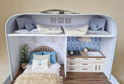 Coastal Large Dollhouse in a Suitcase, Miniature furniture in 1:12 scale, Maileg mouse house