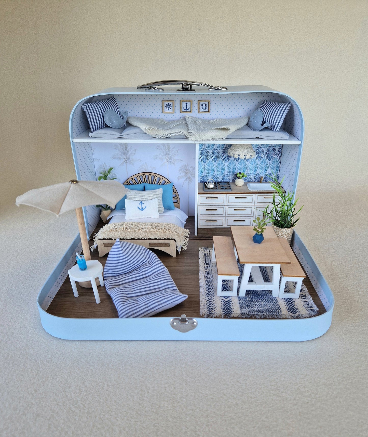 Coastal Large Dollhouse in a Suitcase, Miniature furniture in 1:12 scale, Maileg mouse house