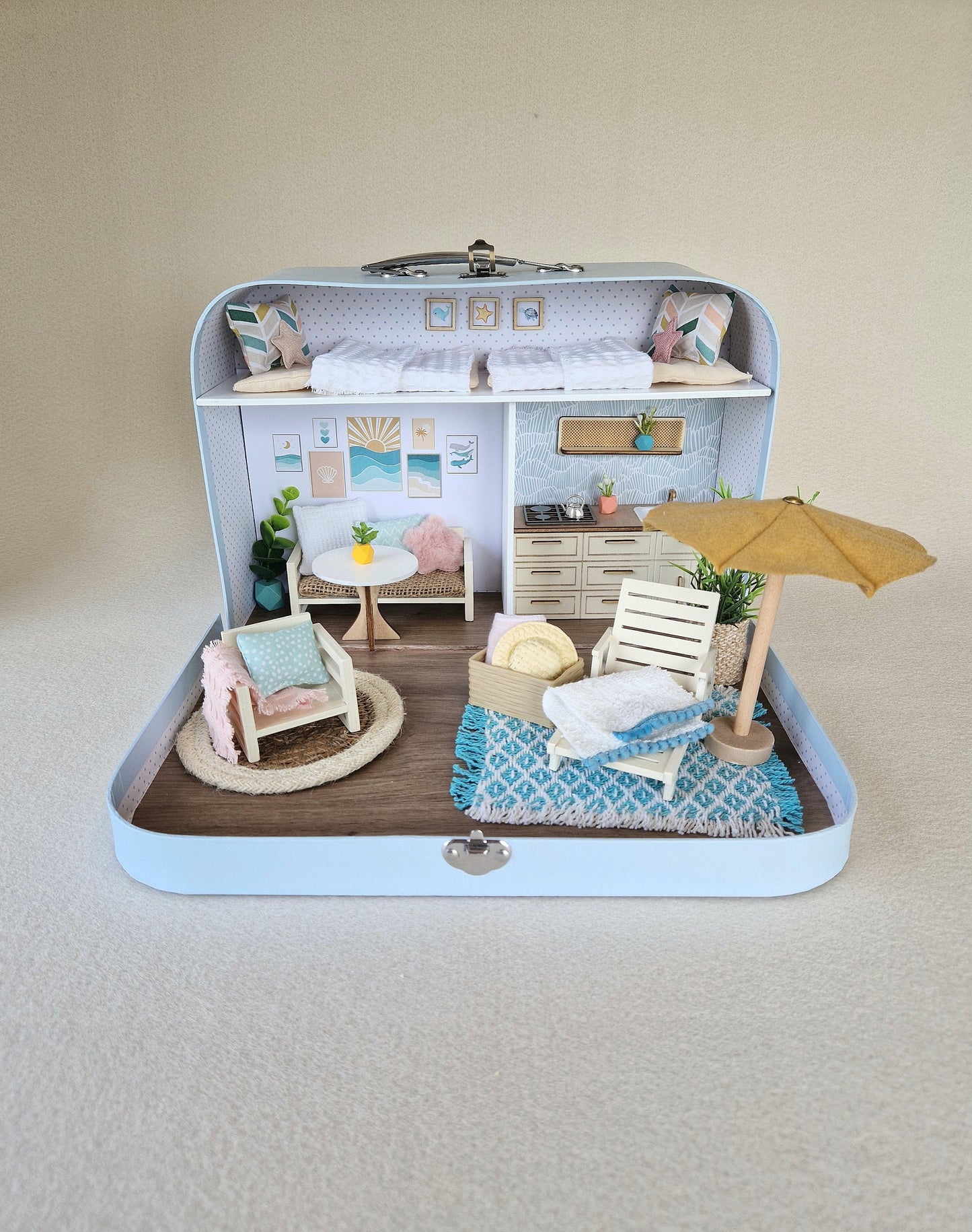 Summer Large Dollhouse in a Suitcase, Miniature furniture in 1:12 scale, Maileg mouse house