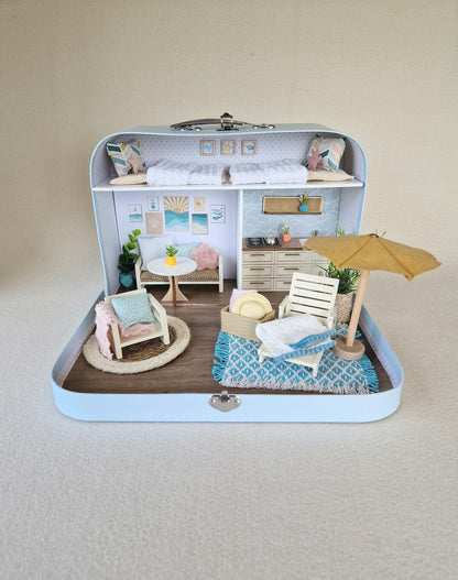 Summer Large Dollhouse in a Suitcase, Miniature furniture in 1:12 scale, Maileg mouse house