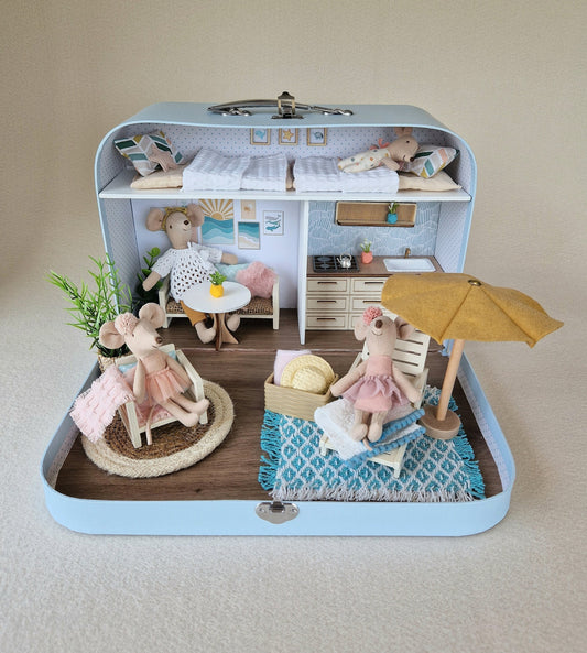 Summer Large Dollhouse in a Suitcase, Miniature furniture in 1:12 scale, Maileg mouse house