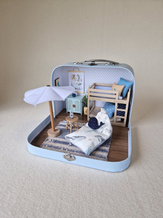 Small Dollhouse in a Suitcase , Dollhouse, Miniature furniture, 1:12 scale, Maileg mouse house