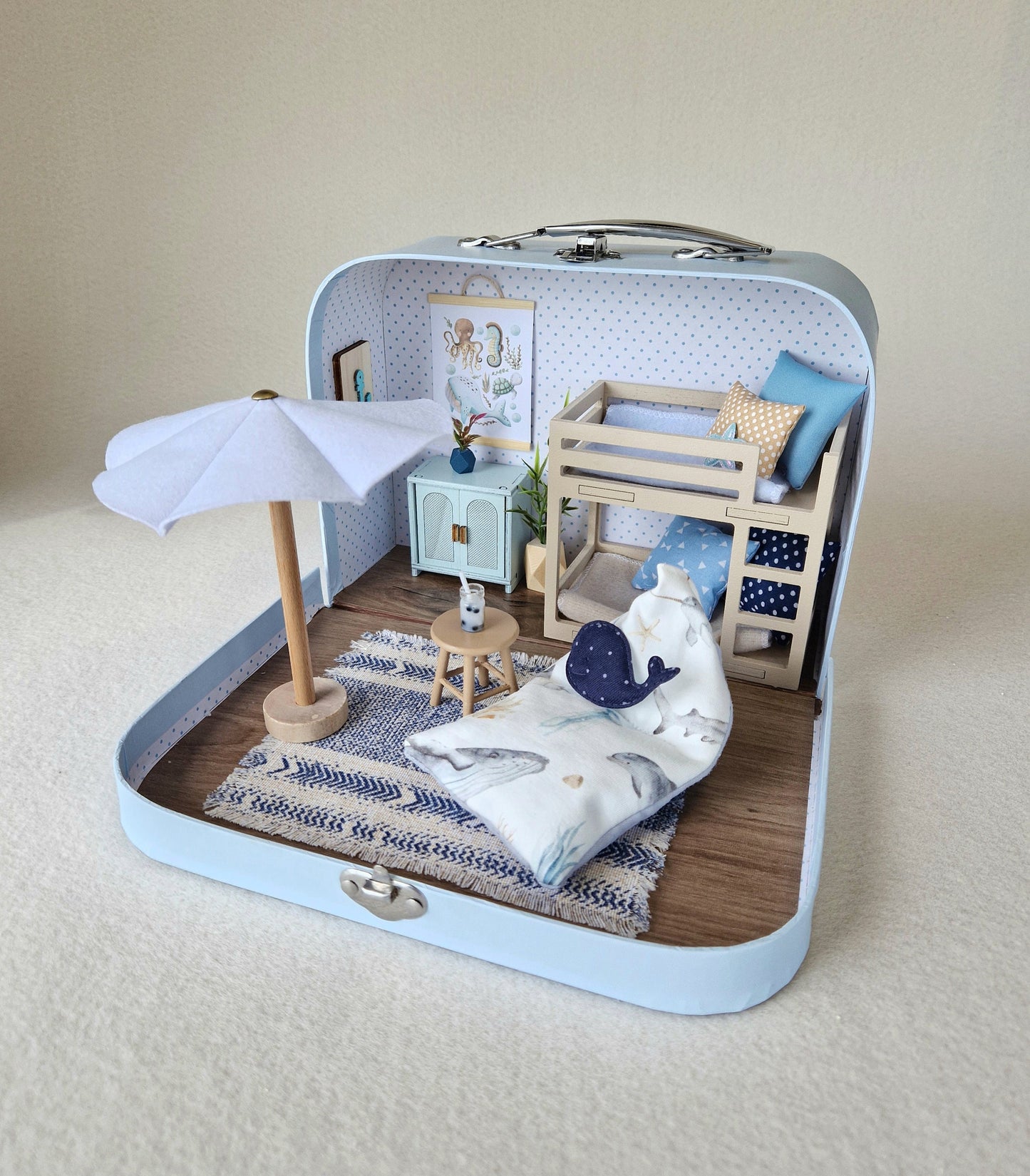 Small Dollhouse in a Suitcase , Dollhouse, Miniature furniture, 1:12 scale, Maileg mouse house