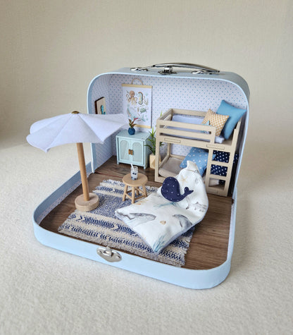 Small Dollhouse in a Suitcase , Dollhouse, Miniature furniture, 1:12 scale, Maileg mouse house