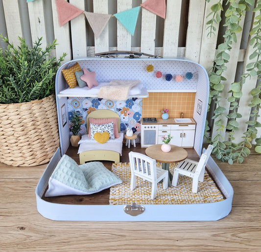 Medium Dollhouse in a Suitcase, Color Pop Cottage; Miniature furniture in 1:12 scale, Maileg mouse house