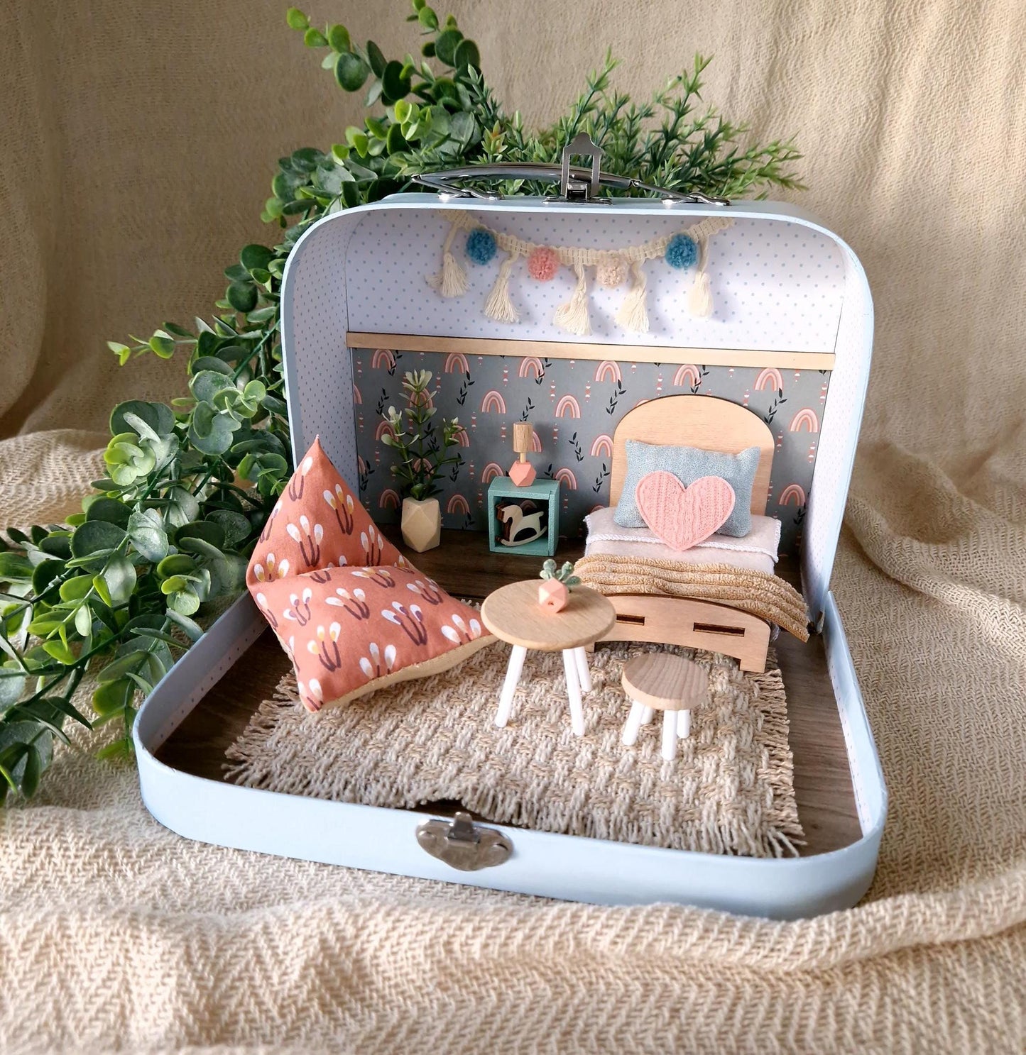 Small Dollhouse in a Suitcase , Rose Rainbow Dollhouse, Miniature furniture, 1:12 scale, Maileg mouse house