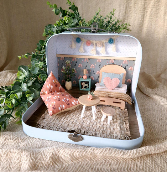 Small Dollhouse in a Suitcase , Rose Rainbow Dollhouse, Miniature furniture, 1:12 scale, Maileg mouse house