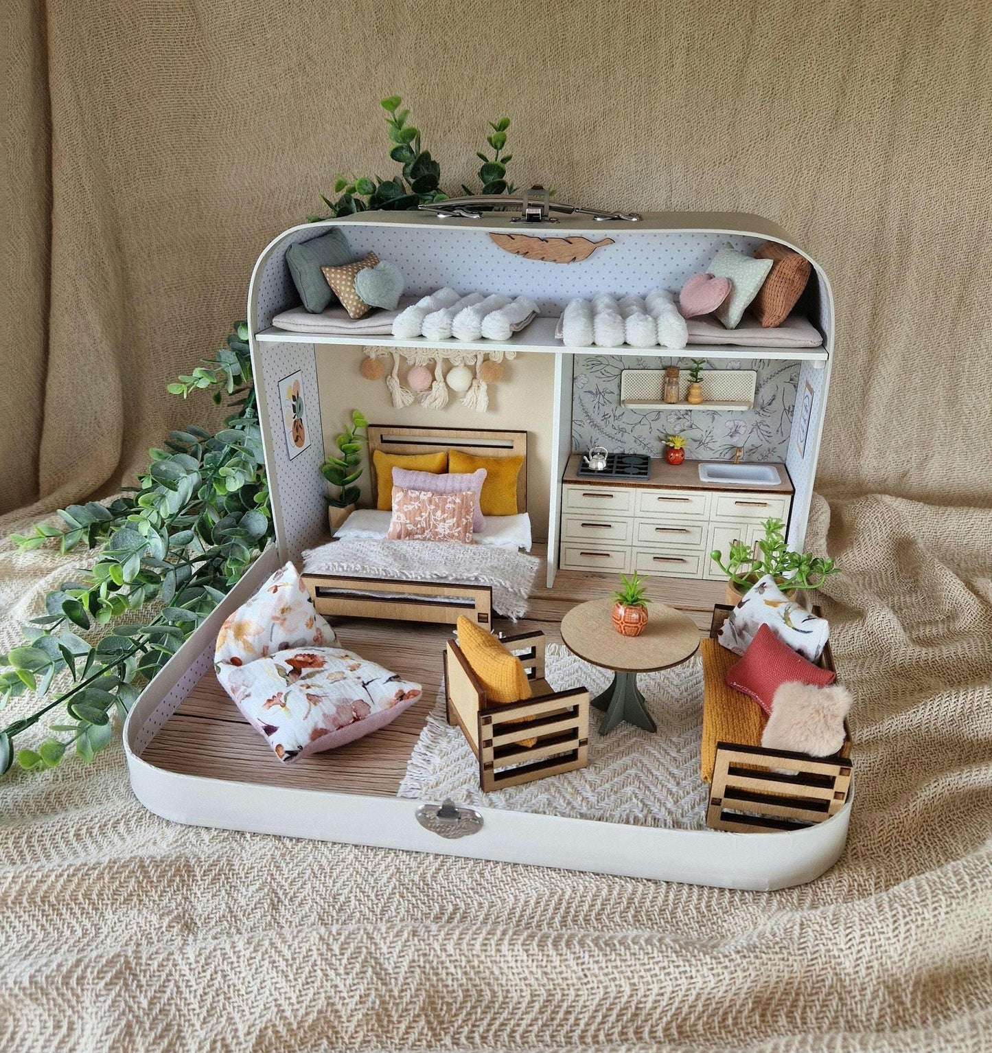 Large Dollhouse in a Suitcase, Sunny Horizon, Miniature furniture in 1:12 scale, Maileg mouse house