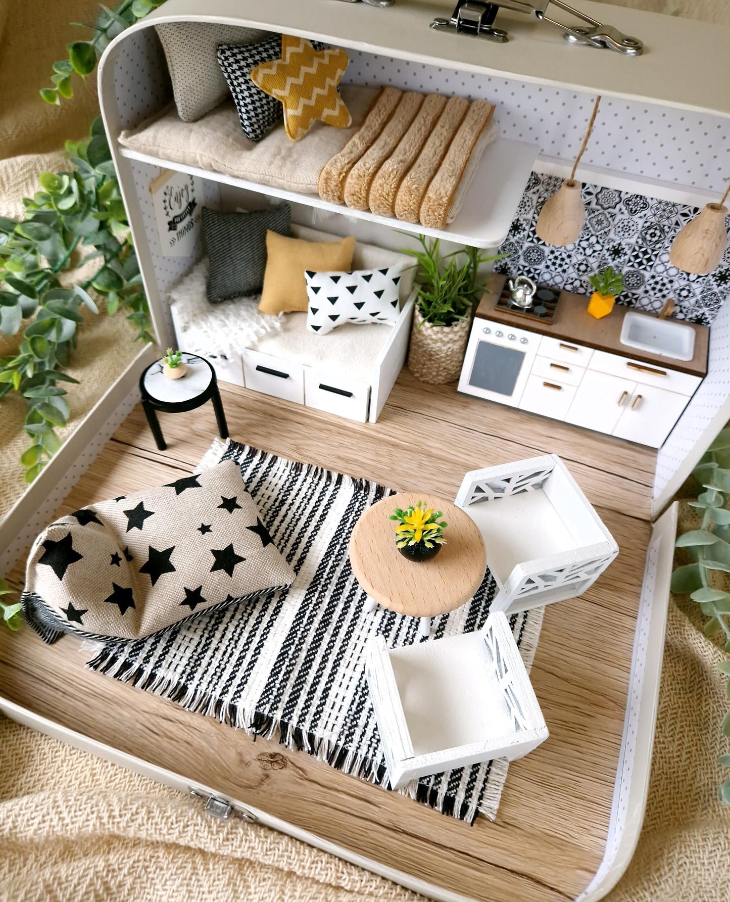 Medium Dollhouse in a Suitcase, Charming Greys, Miniature furniture in 1:12 scale, Maileg mouse house