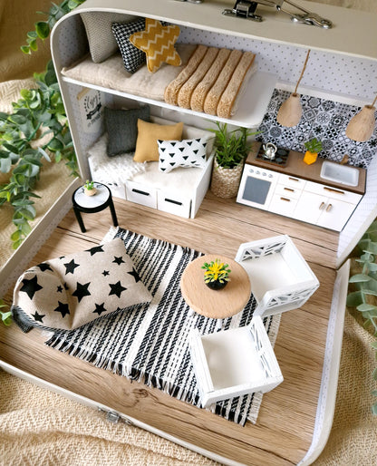 Medium Dollhouse in a Suitcase, Charming Greys, Miniature furniture in 1:12 scale, Maileg mouse house