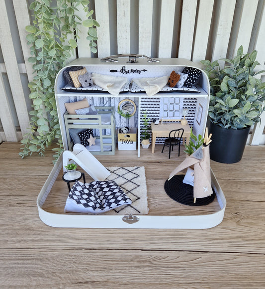 Large Dollhouse in a Suitcase, Shades of Fun, Miniature furniture in 1:12 scale, Maileg mouse house