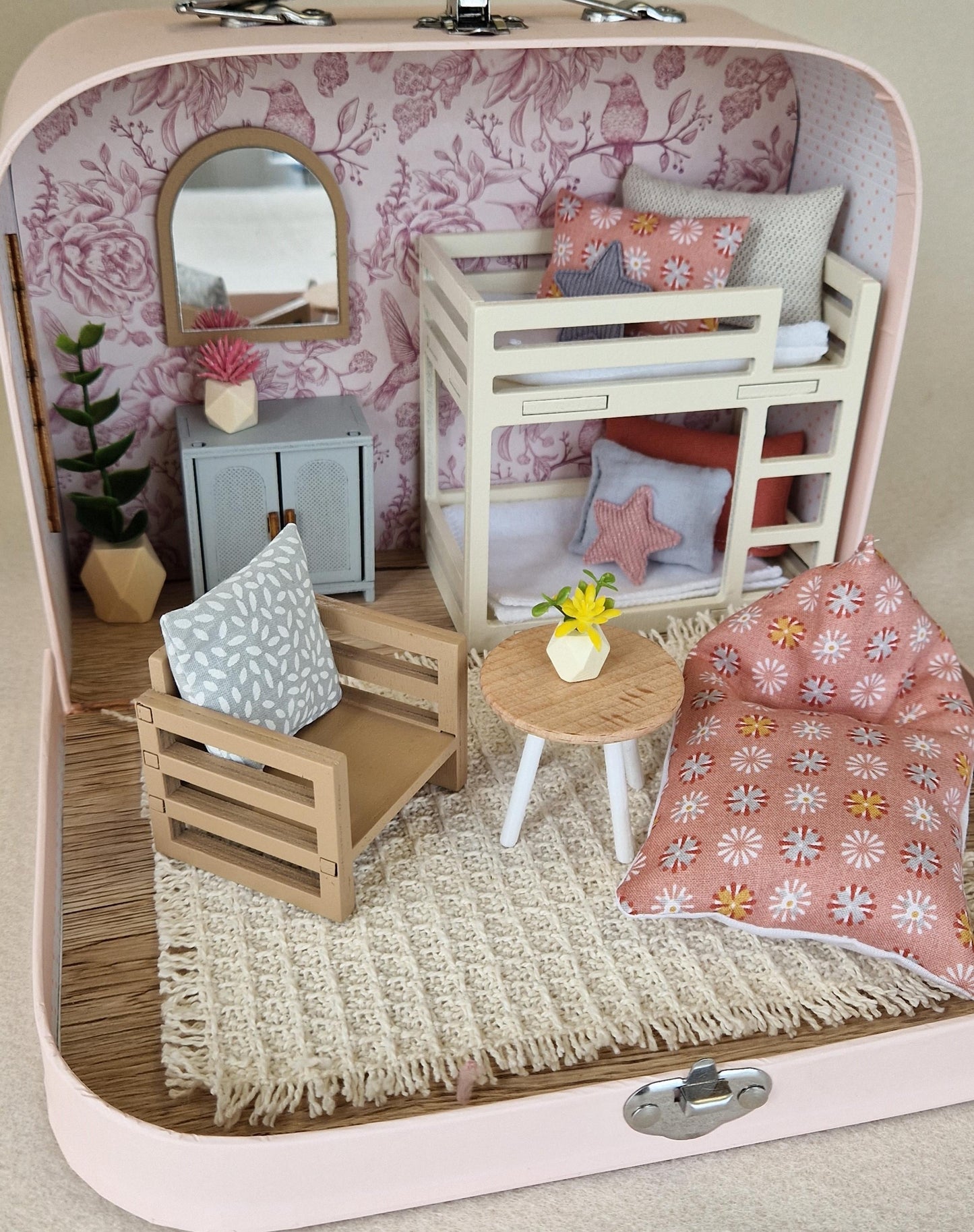 Small Dollhouse in a Suitcase , Floral Rose Nest, Dollhouse, Miniature furniture, 1:12 scale, Maileg mouse house
