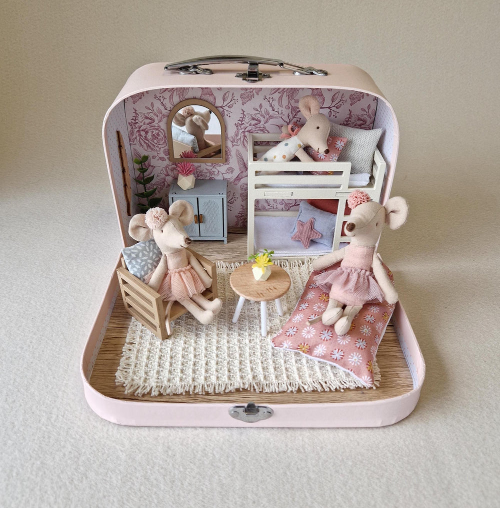 Floral Rose Nest small suitcase dollhouse, open, with a 1:12 scale bunk bed, floral wallpaper and two Maileg-sized mice