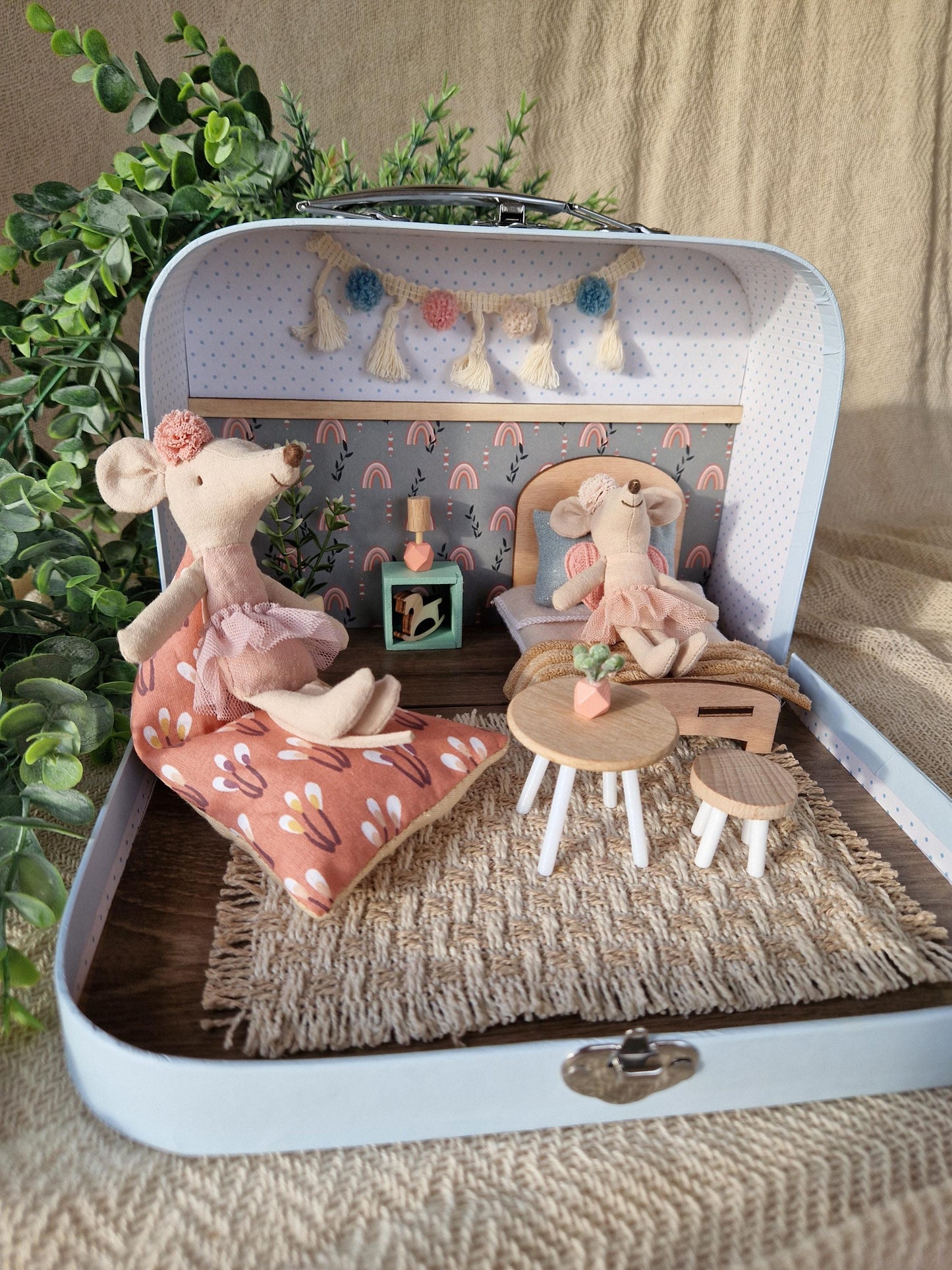 Small Dollhouse in a Suitcase , Rose Rainbow Dollhouse, Miniature furniture, 1:12 scale, Maileg mouse house