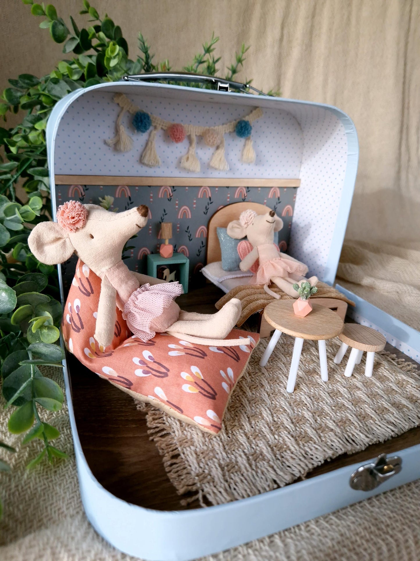 Small Dollhouse in a Suitcase , Rose Rainbow Dollhouse, Miniature furniture, 1:12 scale, Maileg mouse house
