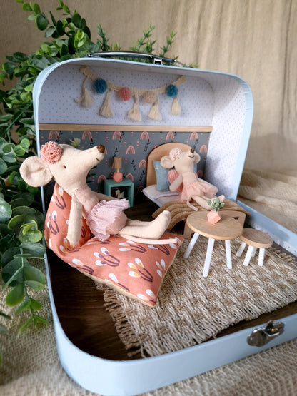 Small Dollhouse in a Suitcase , Rose Rainbow Dollhouse, Miniature furniture, 1:12 scale, Maileg mouse house