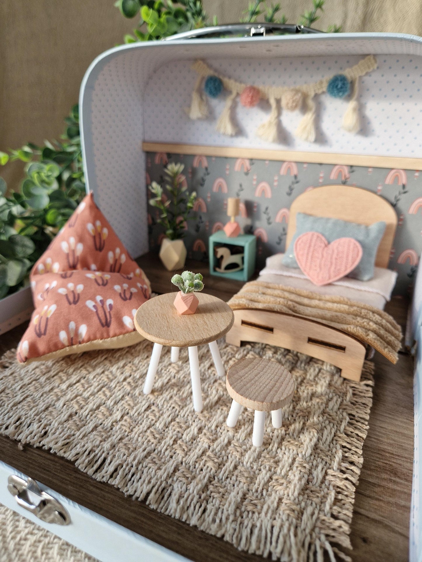 Small Dollhouse in a Suitcase , Rose Rainbow Dollhouse, Miniature furniture, 1:12 scale, Maileg mouse house