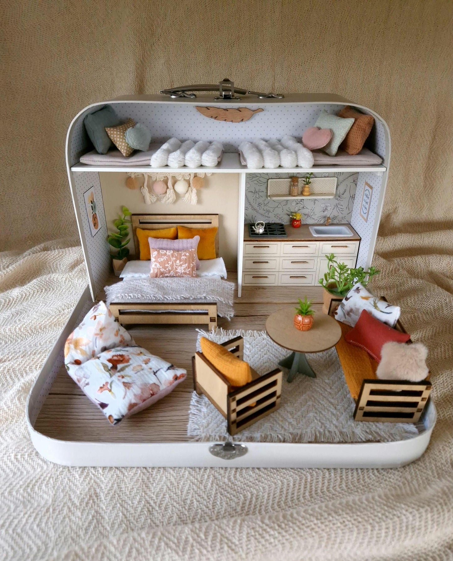 Large Dollhouse in a Suitcase, Sunny Horizon, Miniature furniture in 1:12 scale, Maileg mouse house