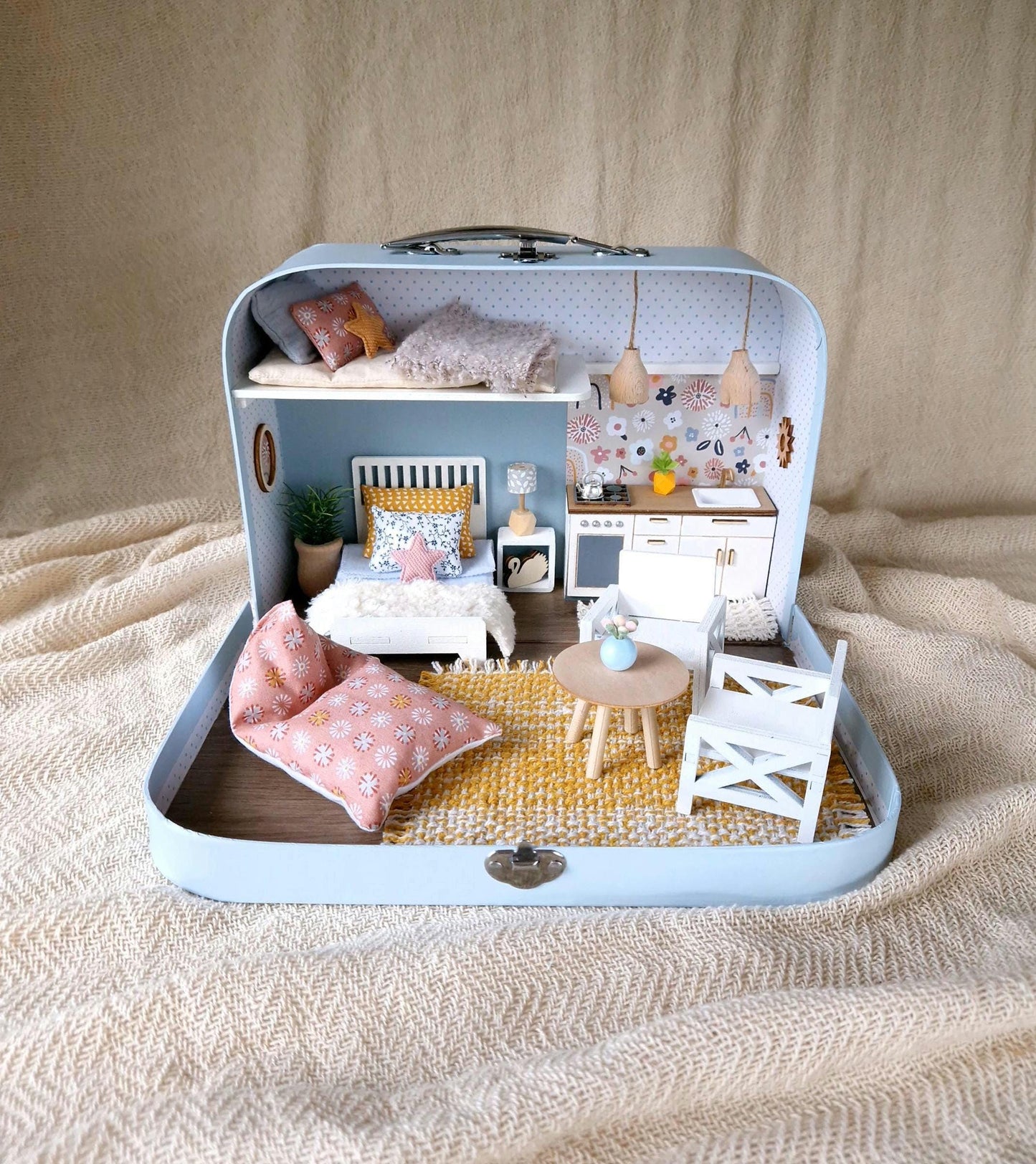 Medium Dollhouse in a Suitcase, Spring Blossom, Miniature furniture in 1:12 scale, Maileg mouse house