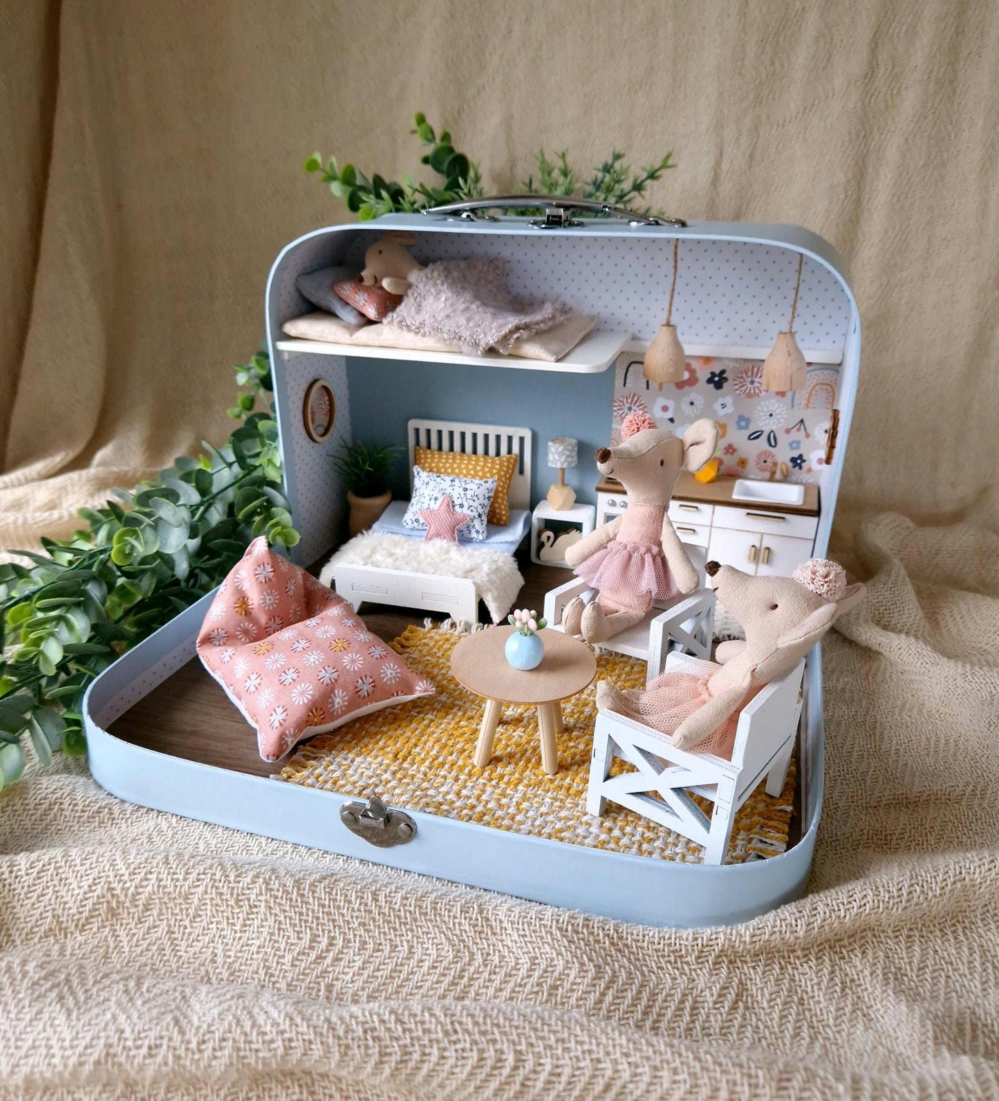 Medium Dollhouse in a Suitcase, Spring Blossom, Miniature furniture in 1:12 scale, Maileg mouse house