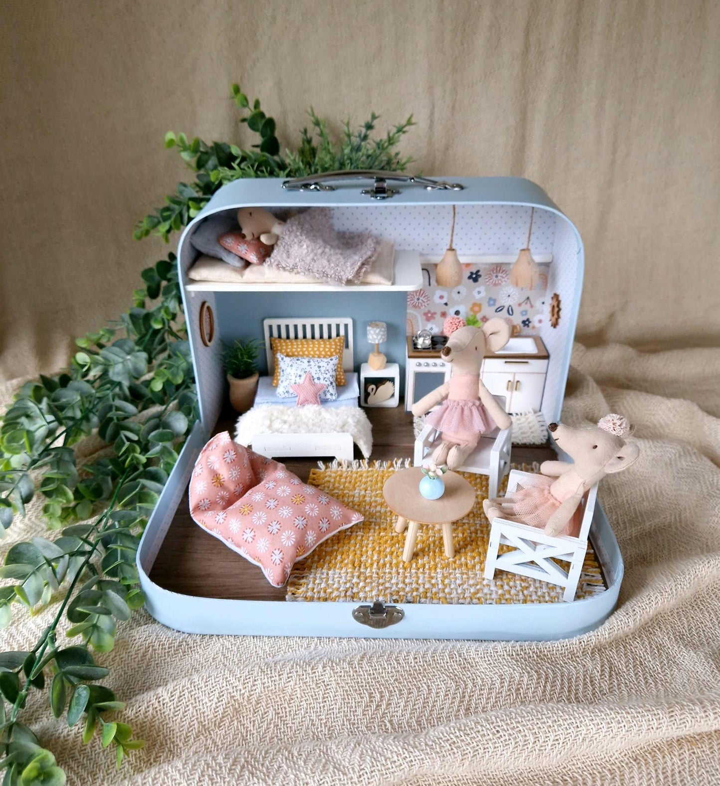 Medium Dollhouse in a Suitcase, Spring Blossom, Miniature furniture in 1:12 scale, Maileg mouse house