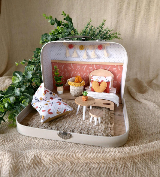 Small Dollhouse in a Suitcase , Cozy Pink, Dollhouse, Miniature furniture, 1:12 scale, Maileg mouse house