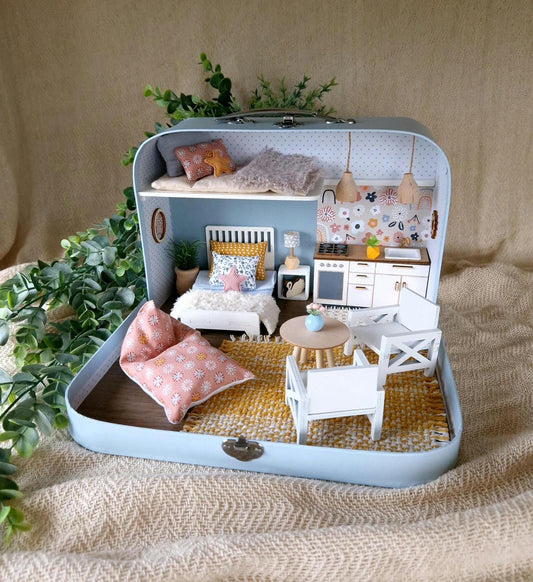 Medium Dollhouse in a Suitcase, Spring Blossom, Miniature furniture in 1:12 scale, Maileg mouse house