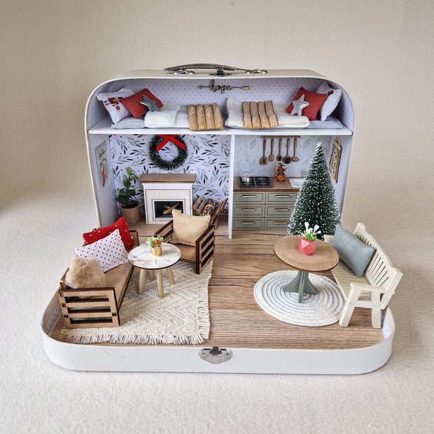 Christmas wooden dollhouse, Dollhouse in a suitcase for Christmas, Imagination play