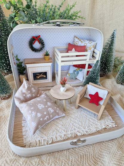 Christmas Small Dollhouse in a Suitcase , Dollhouse, Miniature furniture, 1:12 scale, Maileg mouse hou